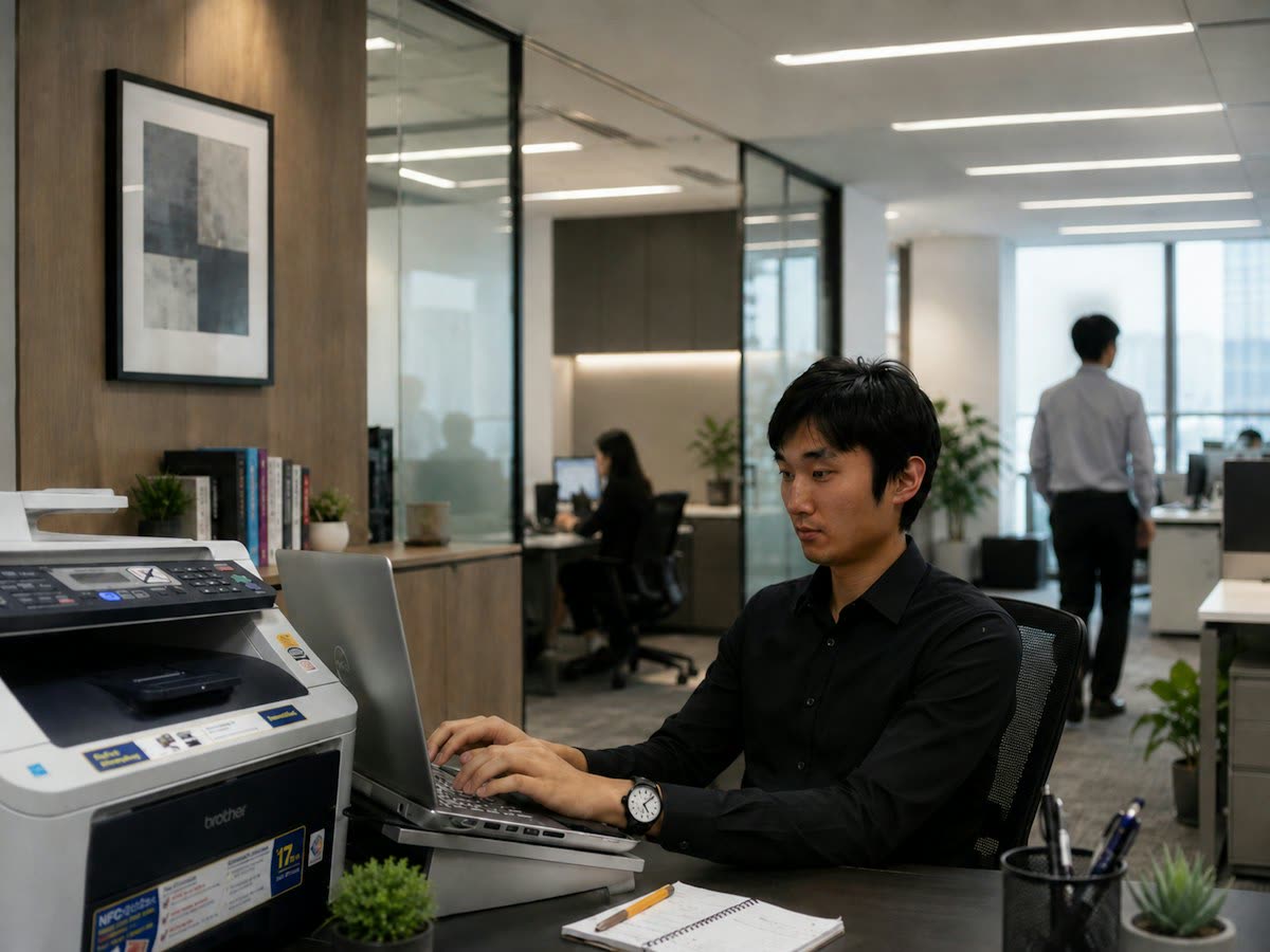 Young man typing on laptop in a modern office