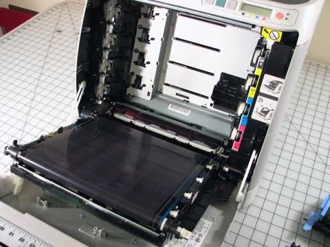 Inside an HP Color LaserJet 2600n, showing the transfer belt