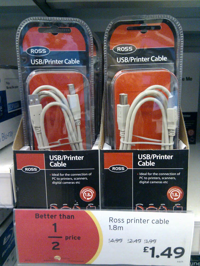 USB printer cables in retail packaging
